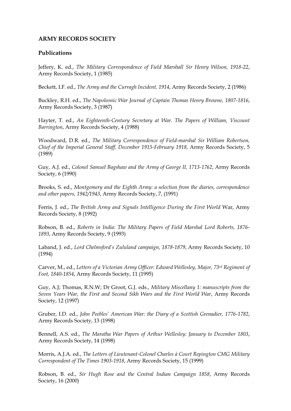 Army Records Society Publications