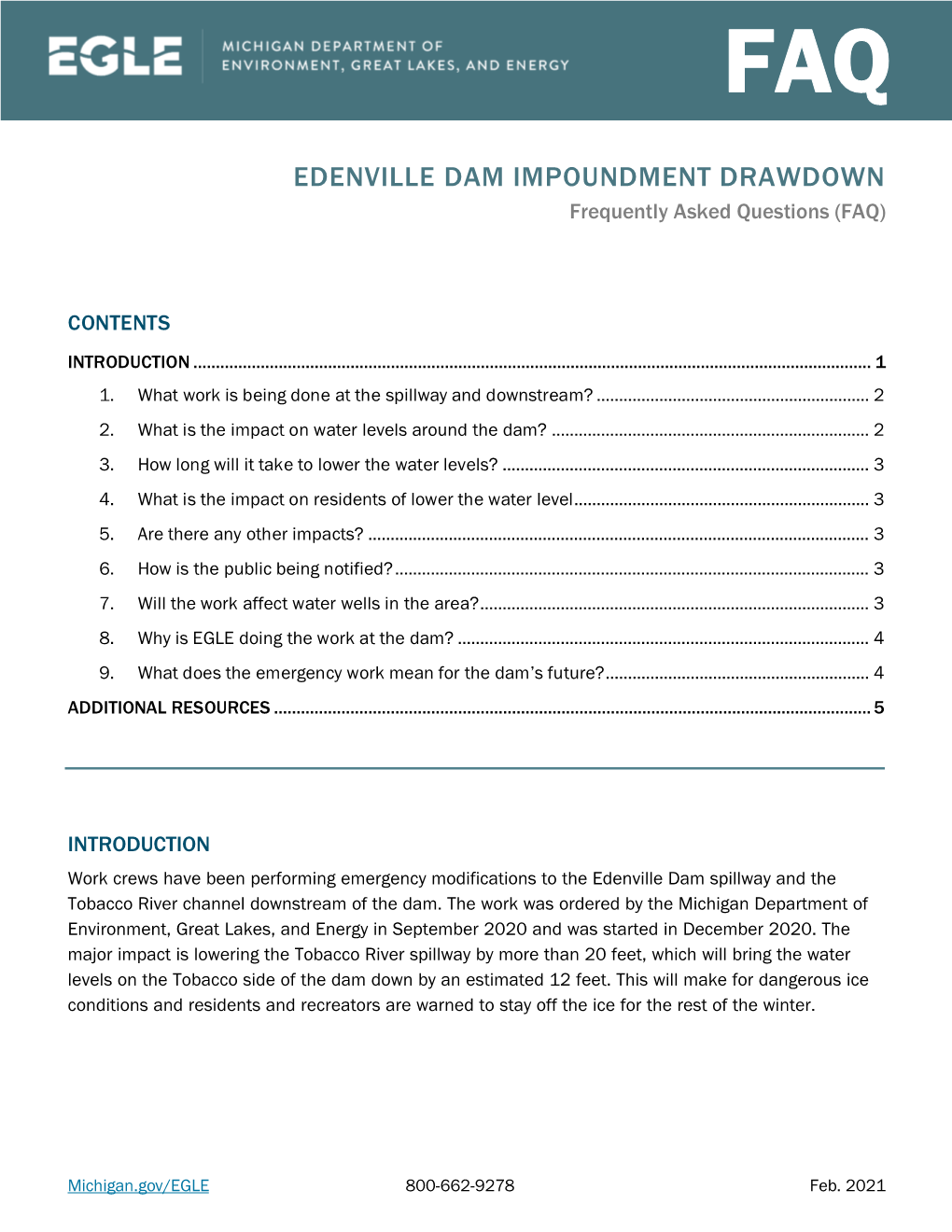 EDENVILLE DAM IMPOUNDMENT DRAWDOWN Frequently Asked Questions (FAQ)