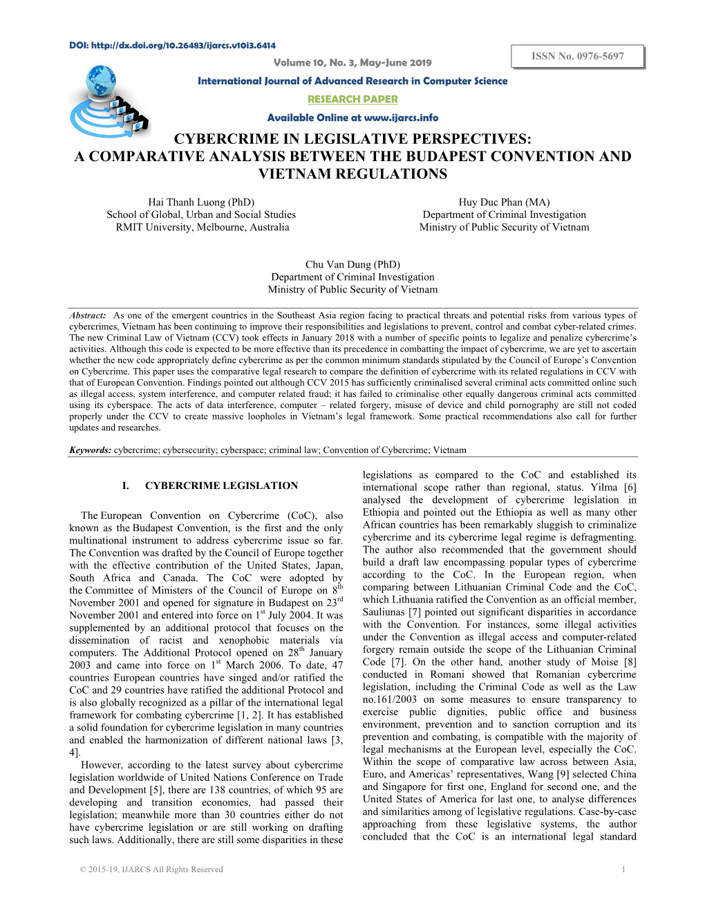 Cybercrime in Legislative Perspectives: a Comparative Analysis Between the Budapest Convention and Vietnam Regulations