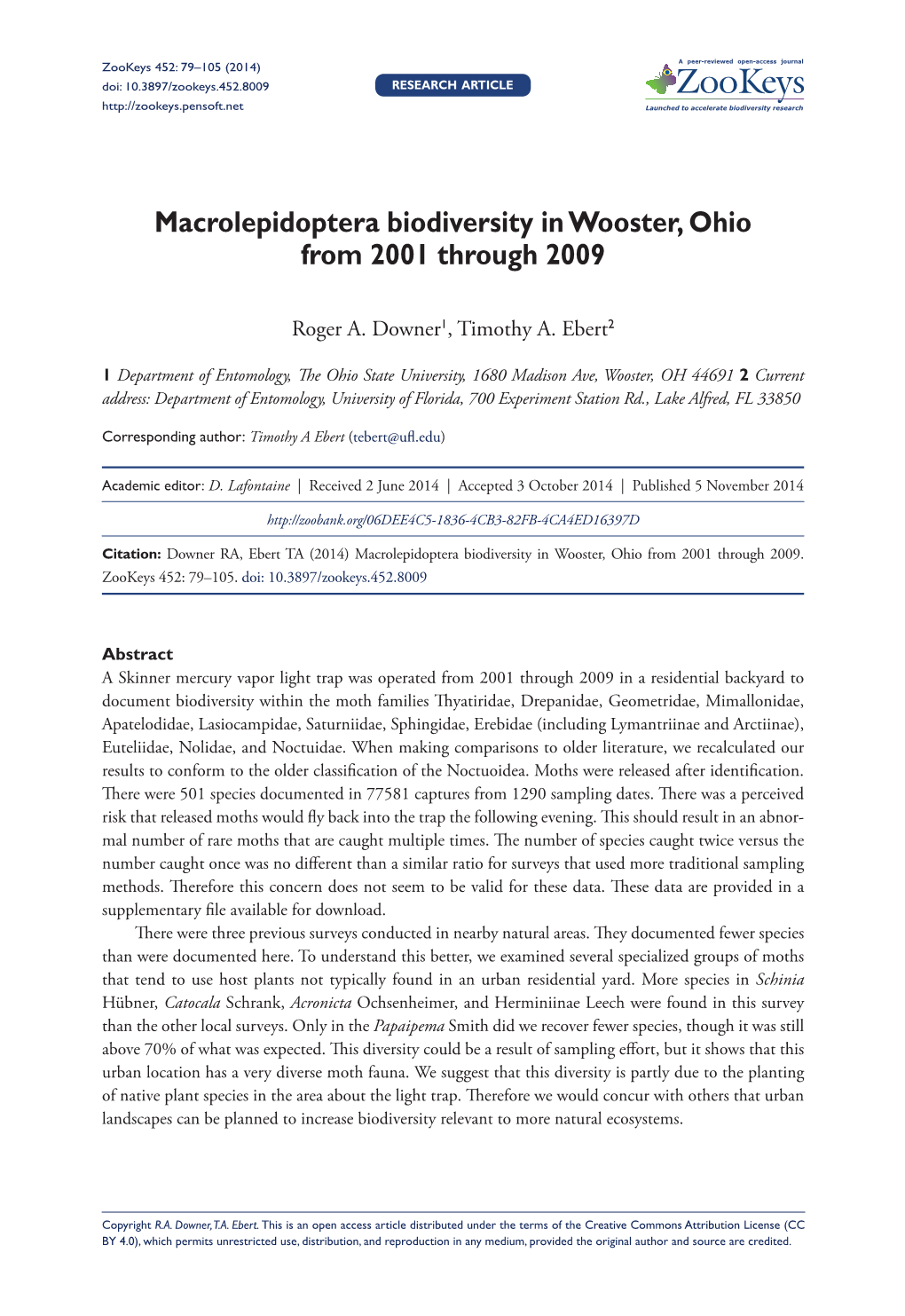 Macrolepidoptera Biodiversity in Wooster, Ohio from 2001 Through 2009