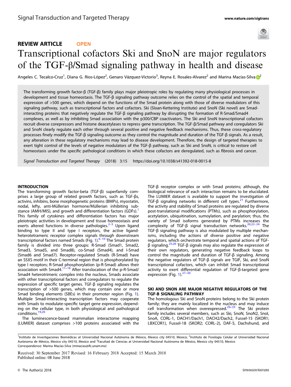 Transcriptional Cofactors Ski and Snon Are Major Regulators of the TGF-Î²/Smad Signaling Pathway in Health and Disease