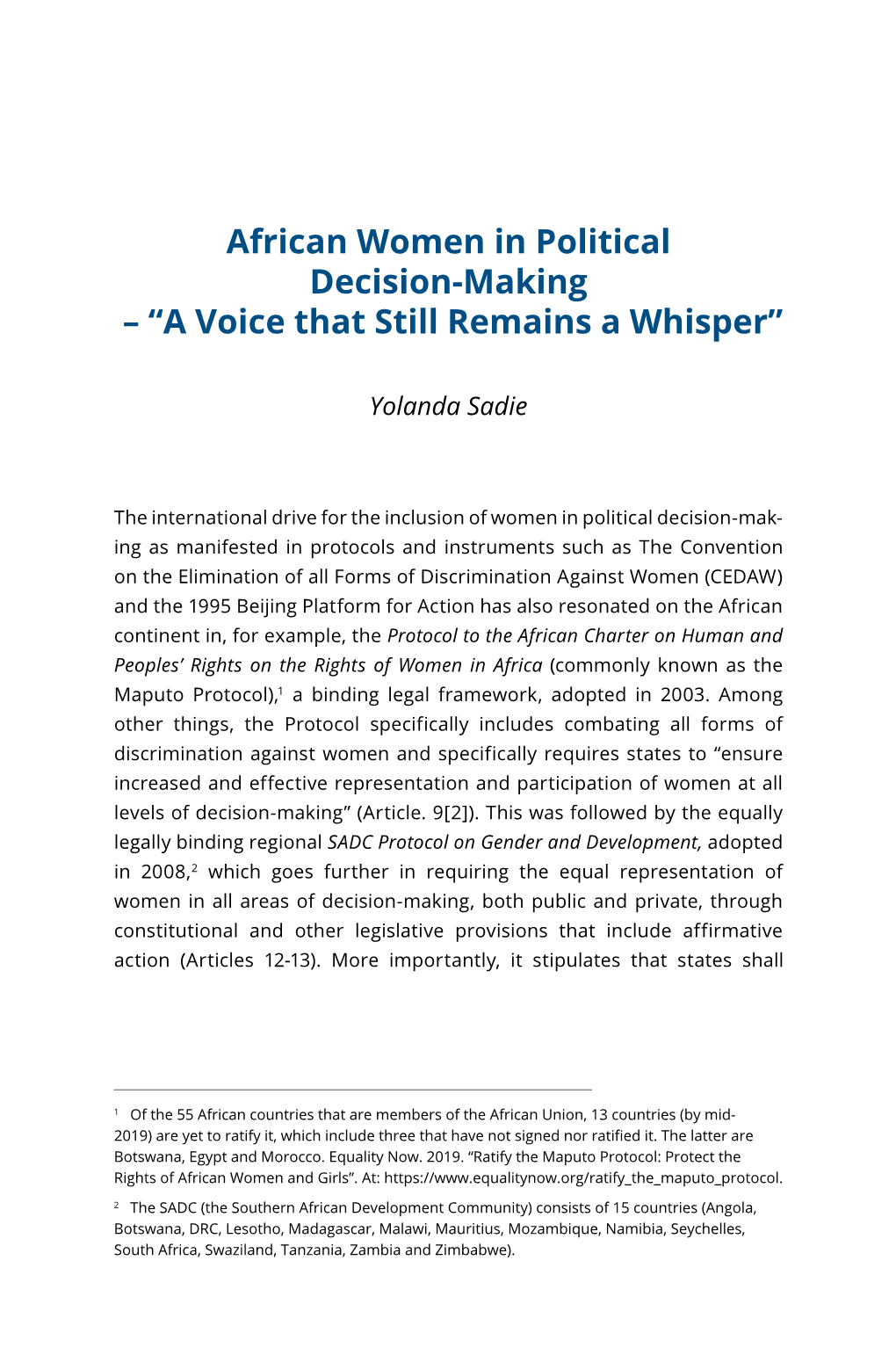 African Women in Political Decision-Making – “A Voice That Still Remains a Whisper”
