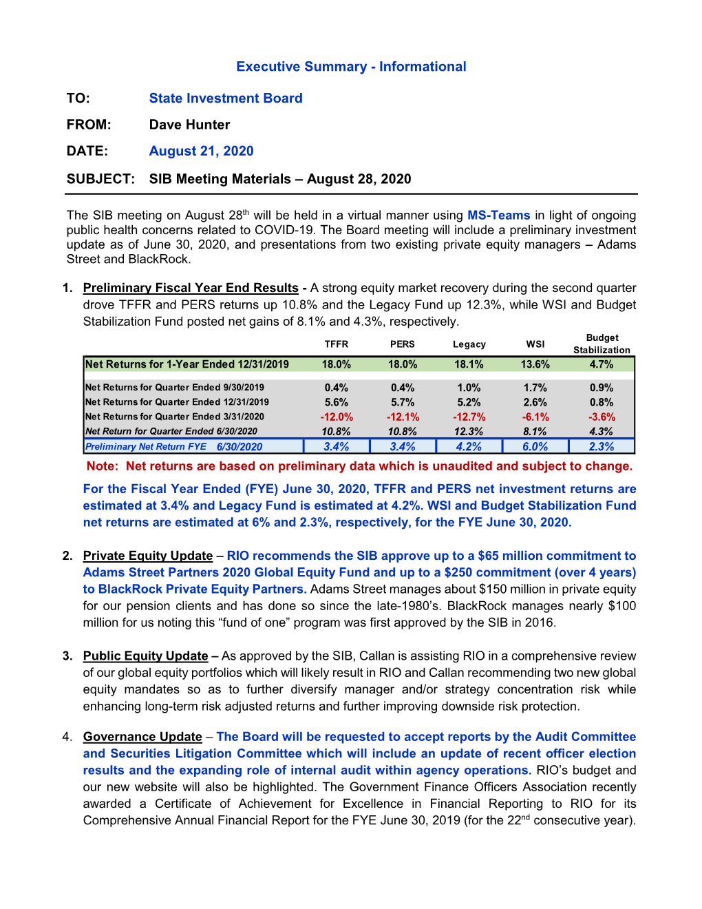 Dave Hunter DATE: August 21, 2020 SUBJECT: SIB Meeting