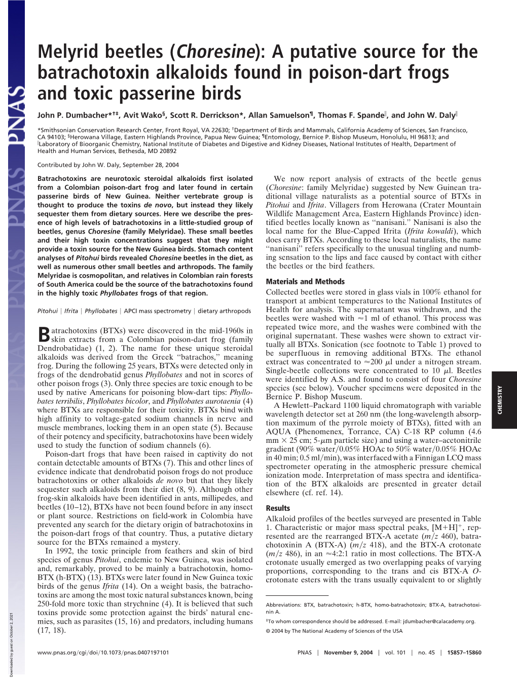 Melyrid Beetles (Choresine): a Putative Source for the Batrachotoxin Alkaloids Found in Poison-Dart Frogs and Toxic Passerine Birds