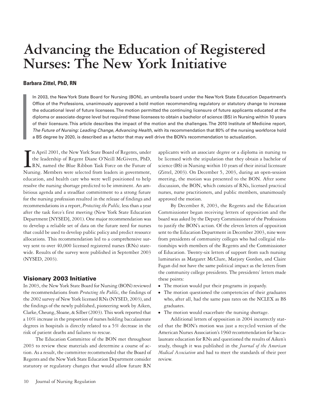 Advancing the Education of Registered Nurses: the New York Initiative