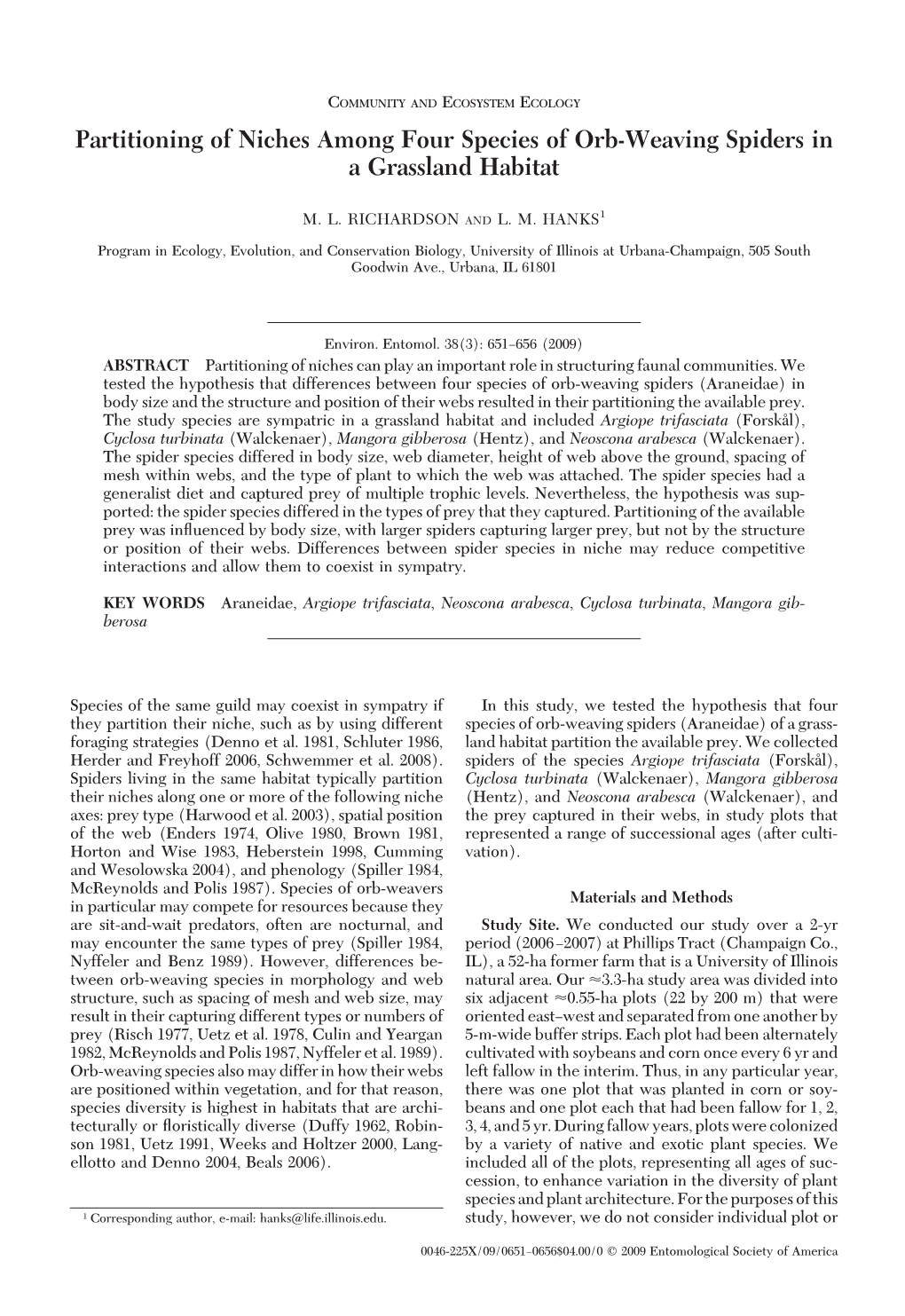 Partitioning of Niches Among Four Species of Orb-Weaving Spiders in a Grassland Habitat