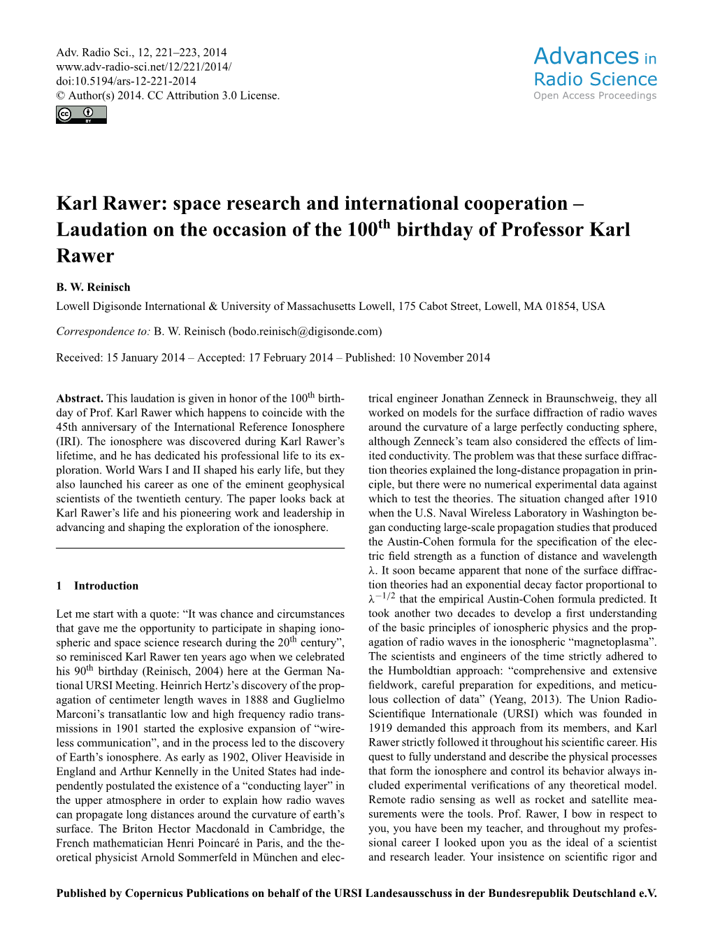 Karl Rawer: Space Research and International Cooperation – Laudation on the Occasion of the 100Th Birthday of Professor Karl Rawer