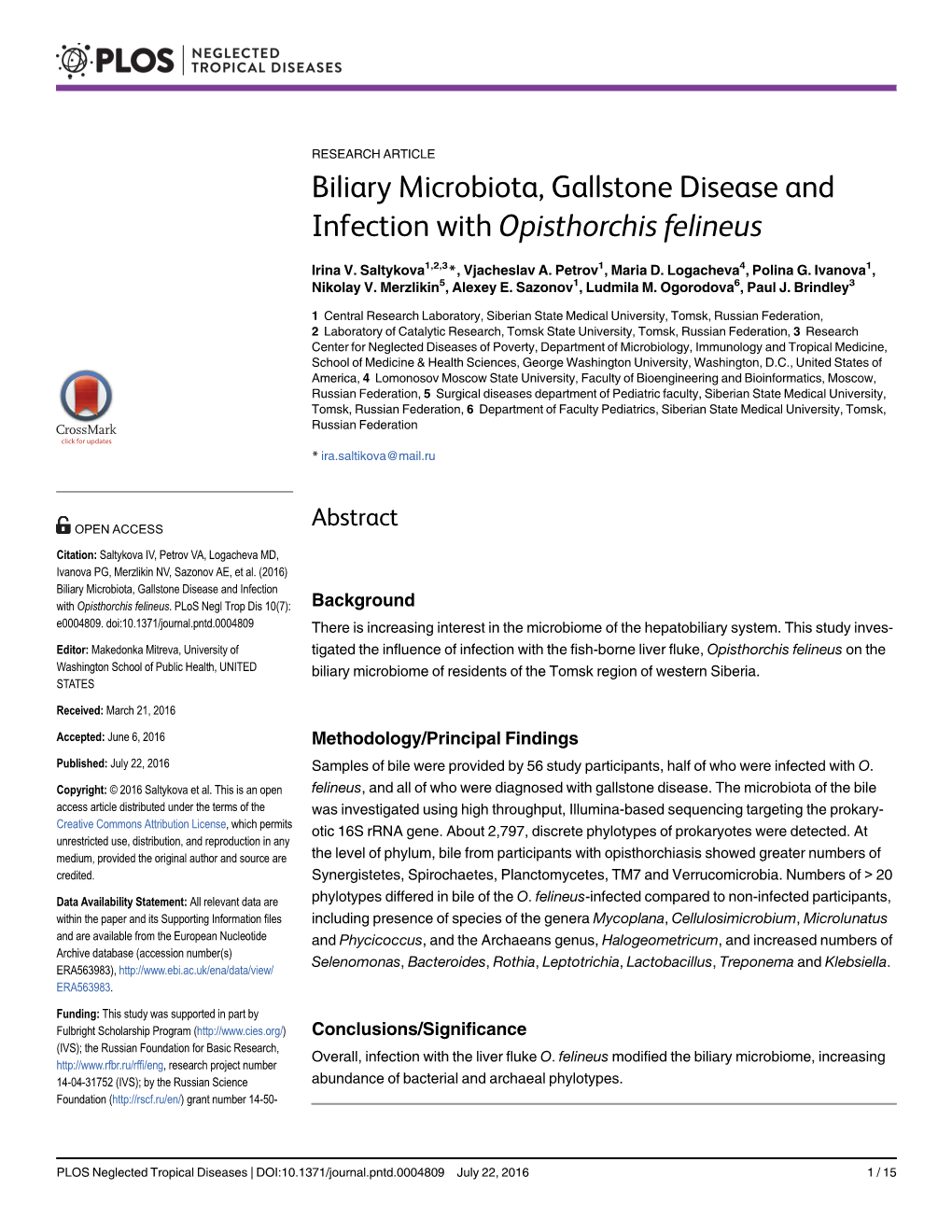 Biliary Microbiota, Gallstone Disease and Infection with Opisthorchis Felineus