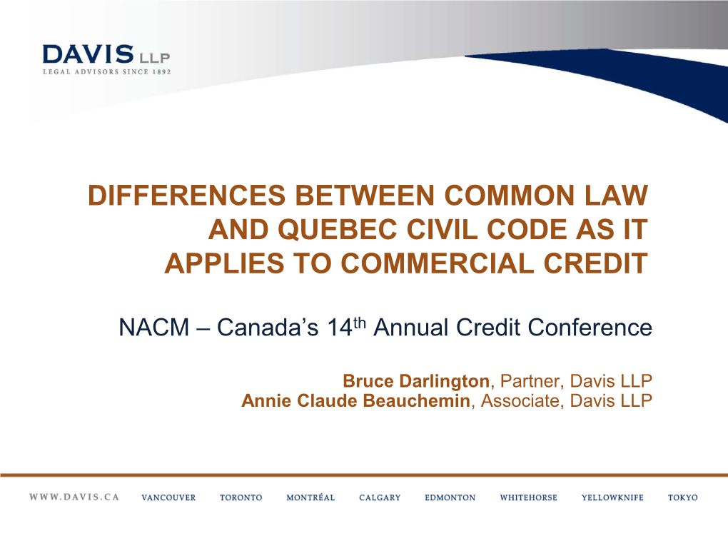 Differences Between Common Law and Quebec Civil Code As It Applies to Commercial Credit