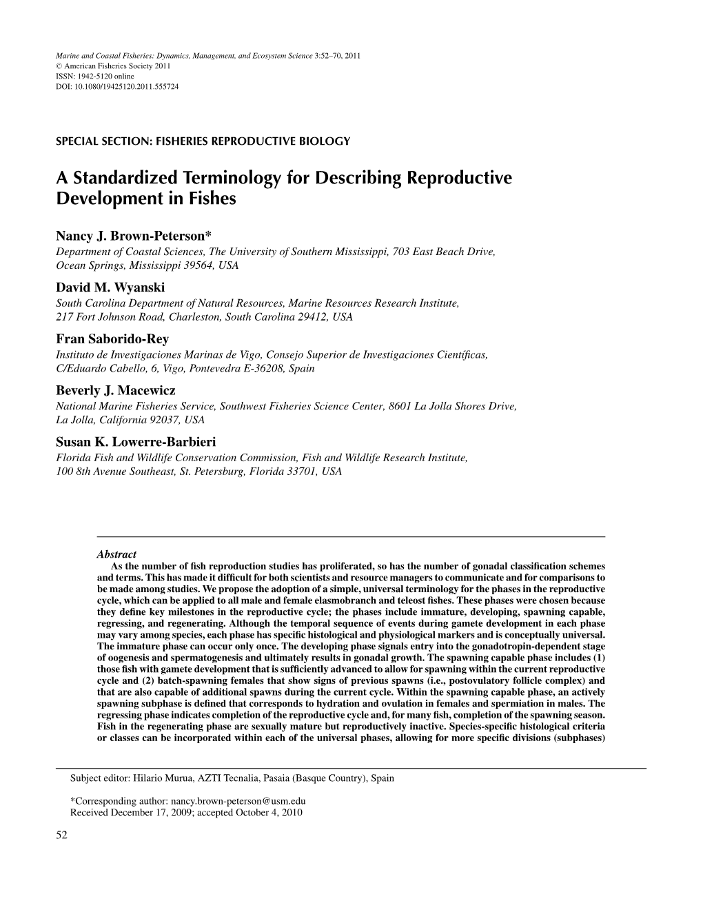 A Standardized Terminology for Describing Reproductive Development in Fishes