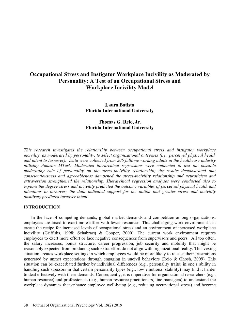 Occupational Stress and Instigator Workplace Incivility As Moderated by Personality: a Test of an Occupational Stress and Workplace Incivility Model