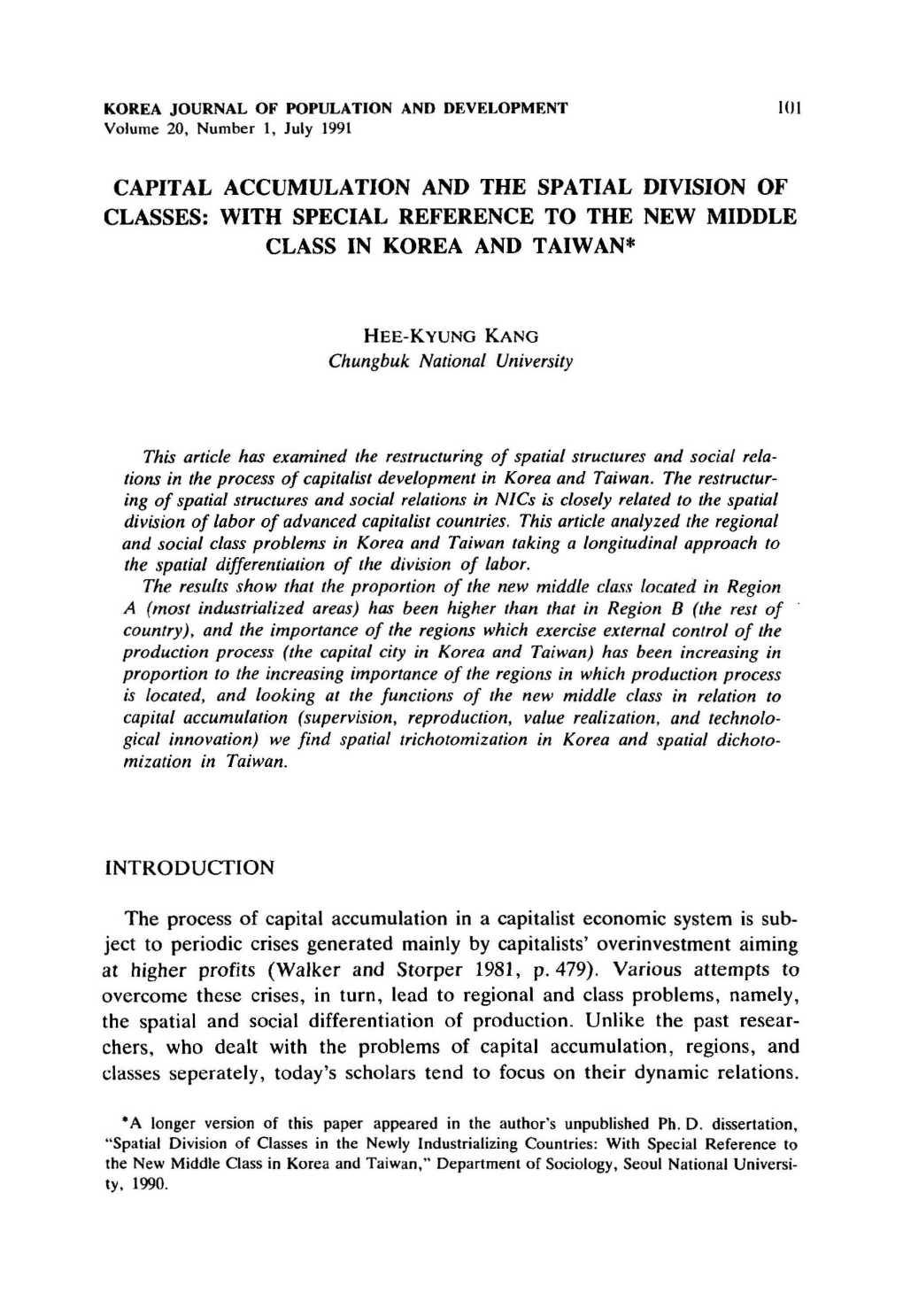 Capital Accumulation and the Spatial Division of Classes: with Special Reference to the New Middle Class in Korea and Taiwan*