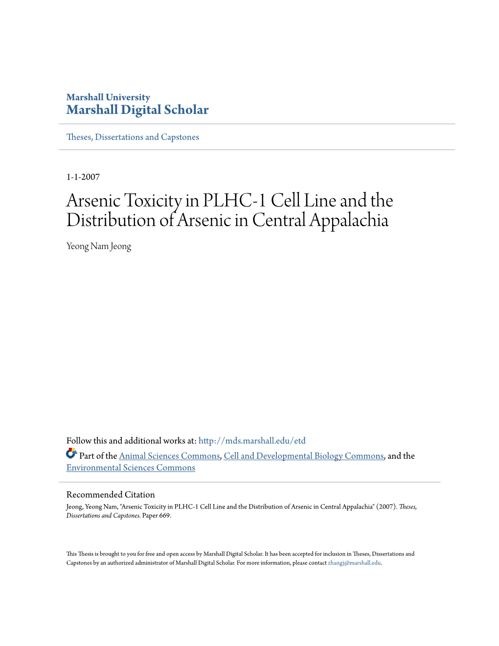 Arsenic Toxicity in PLHC-1 Cell Line and the Distribution of Arsenic in Central Appalachia Yeong Nam Jeong