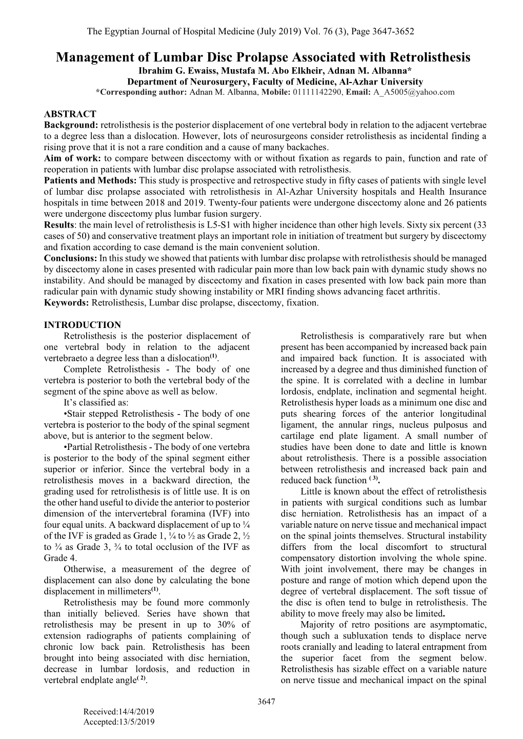 Management of Lumbar Disc Prolapse Associated with Retrolisthesis Ibrahim G