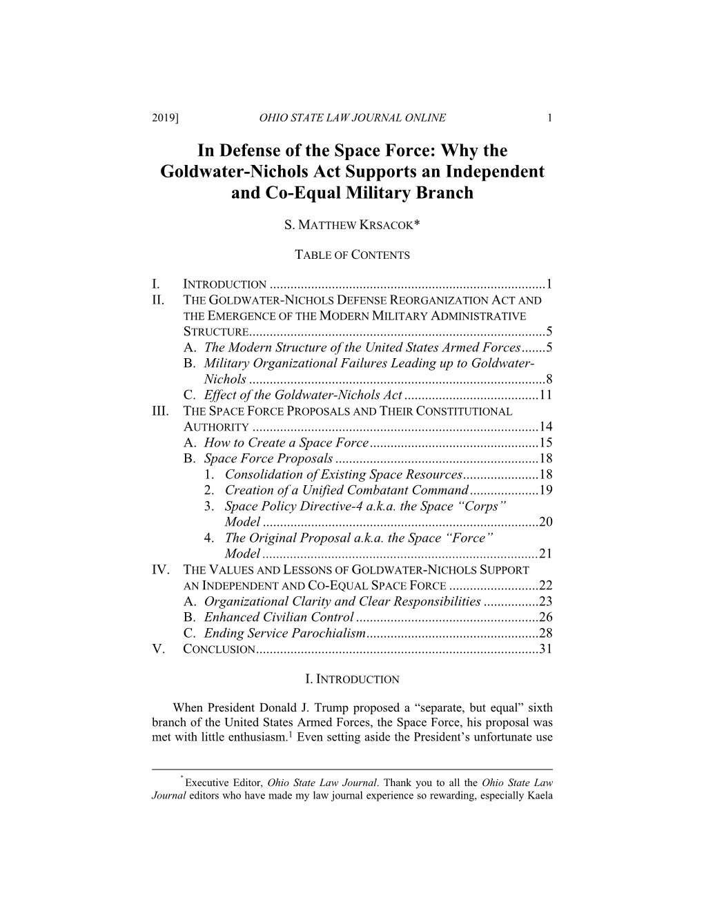 In Defense of the Space Force: Why the Goldwater-Nichols Act Supports an Independent and Co-Equal Military Branch