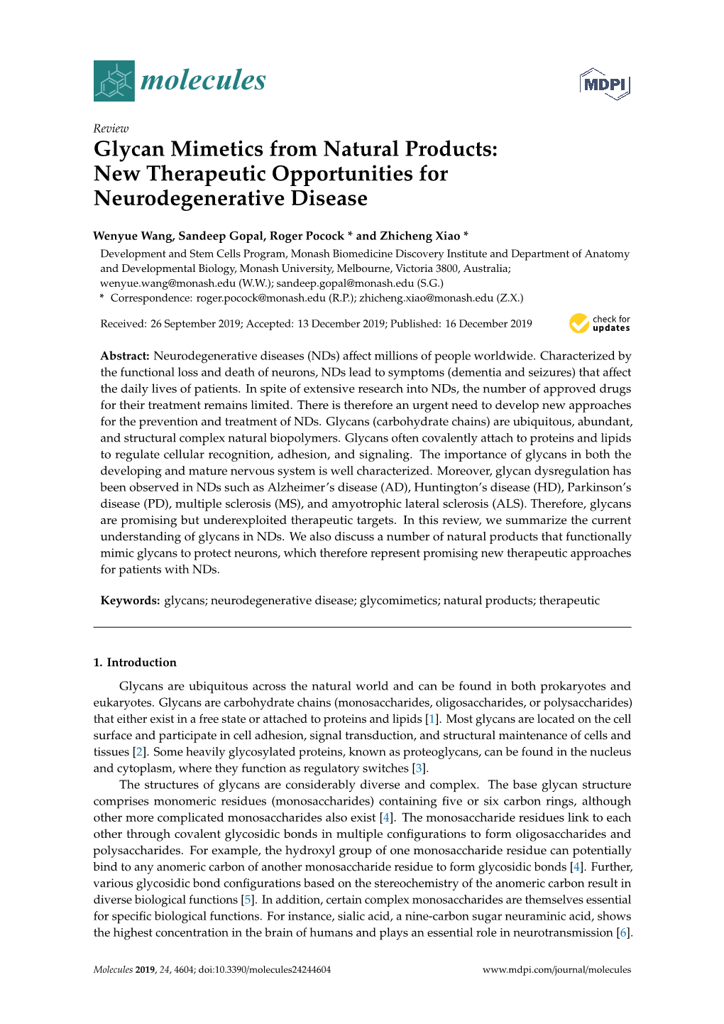 Glycan Mimetics from Natural Products: New Therapeutic Opportunities for Neurodegenerative Disease