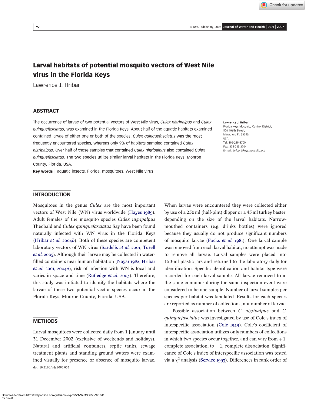 Larval Habitats of Potential Mosquito Vectors of West Nile Virus in the Florida Keys Lawrence J