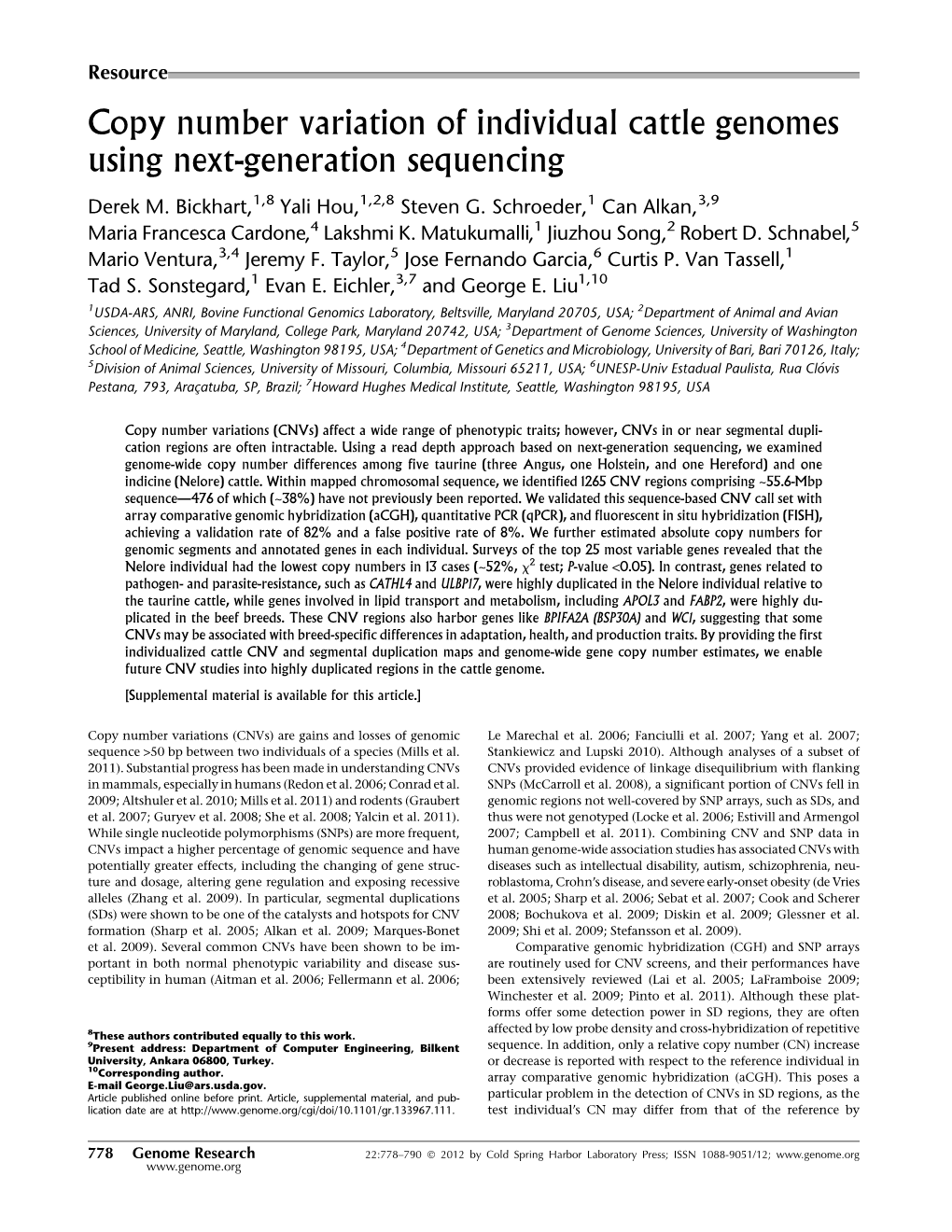 Copy Number Variation of Individual Cattle Genomes Using Next-Generation Sequencing
