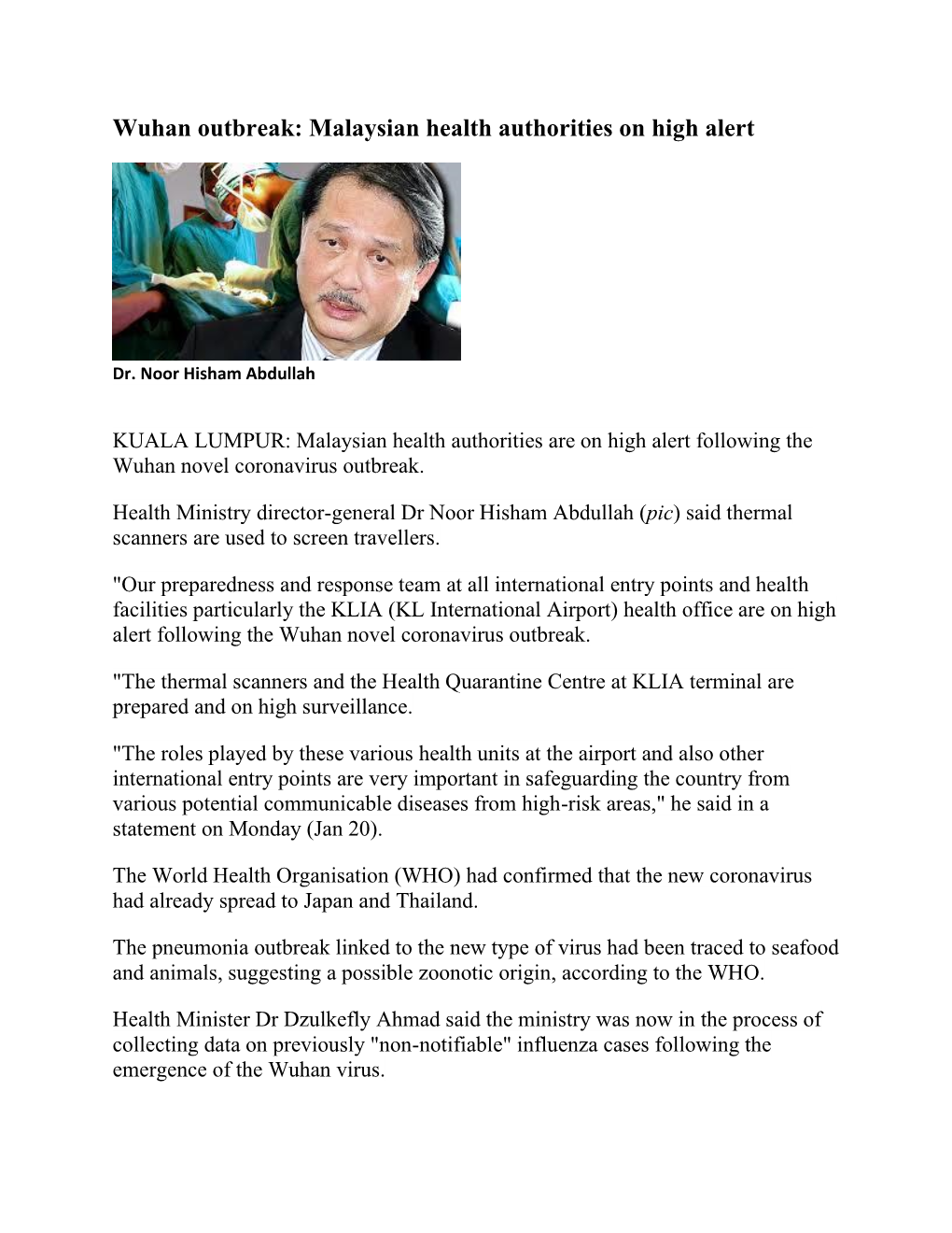 Wuhan Outbreak: Malaysian Health Authorities on High Alert