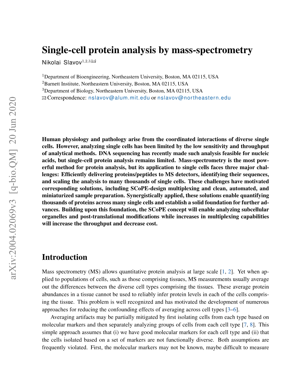 Single-Cell Protein Analysis by Mass-Spectrometry Nikolai Slavov1,2,3