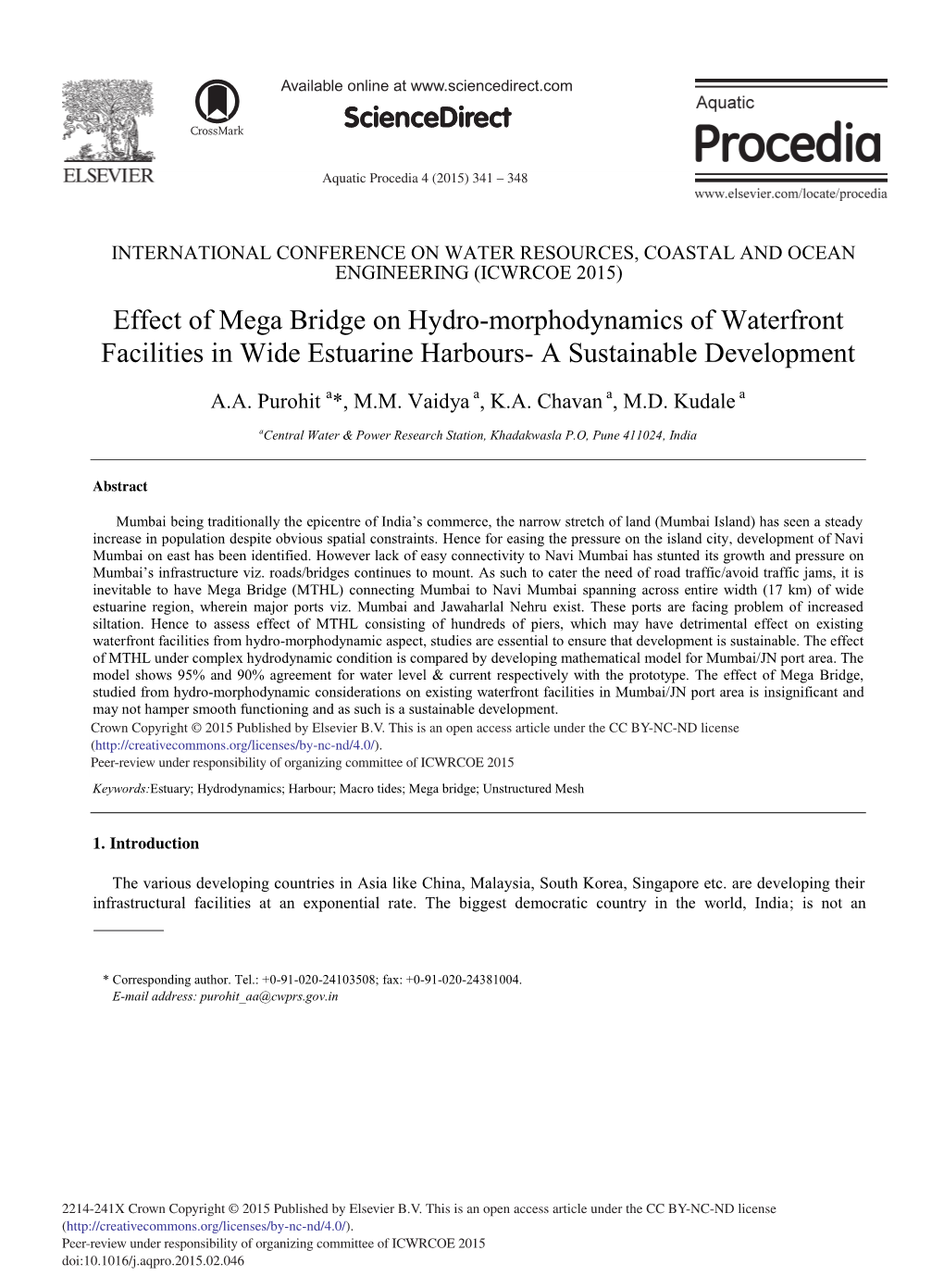 Effect of Mega Bridge on Hydro-Morphodynamics of Waterfront Facilities in Wide Estuarine Harbours- a Sustainable Development