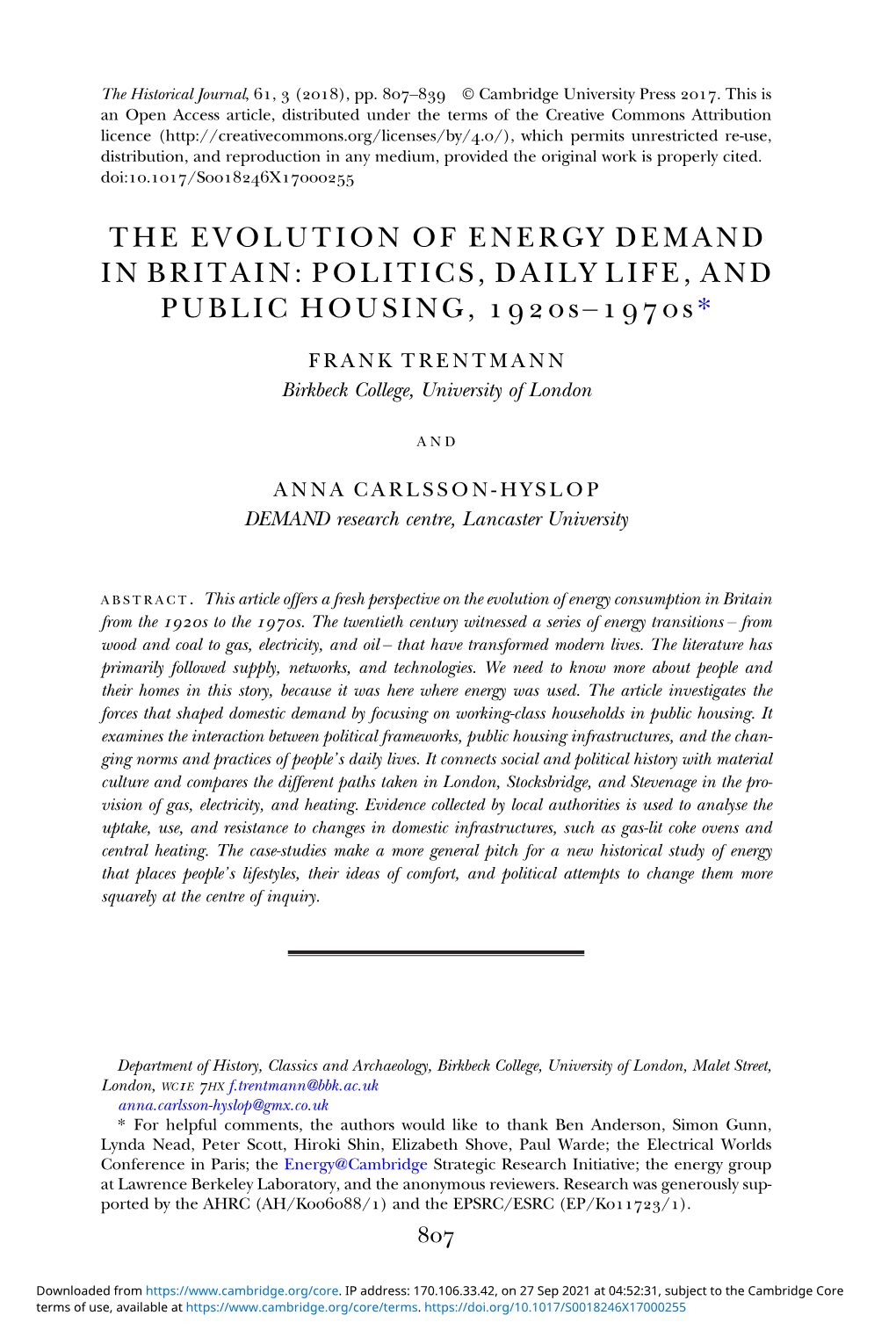 THE EVOLUTION of ENERGY DEMAND in BRITAIN: POLITICS, DAILY LIFE, and PUBLIC HOUSING, S–