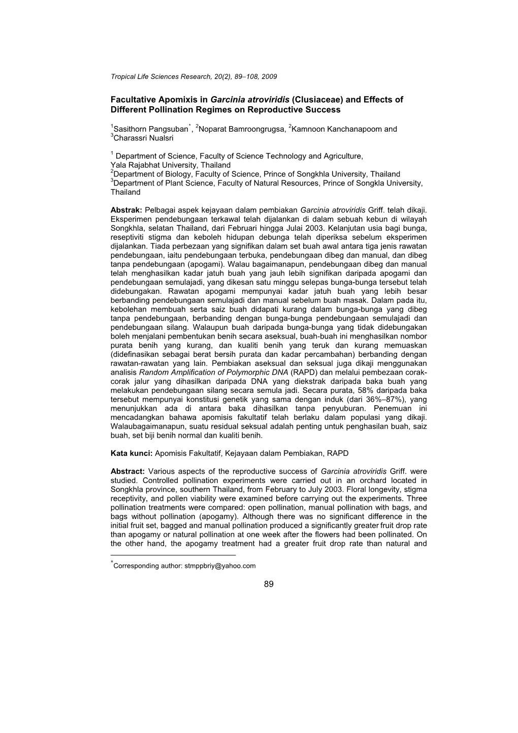 Clusiaceae) and Effects of Different Pollination Regimes on Reproductive Success