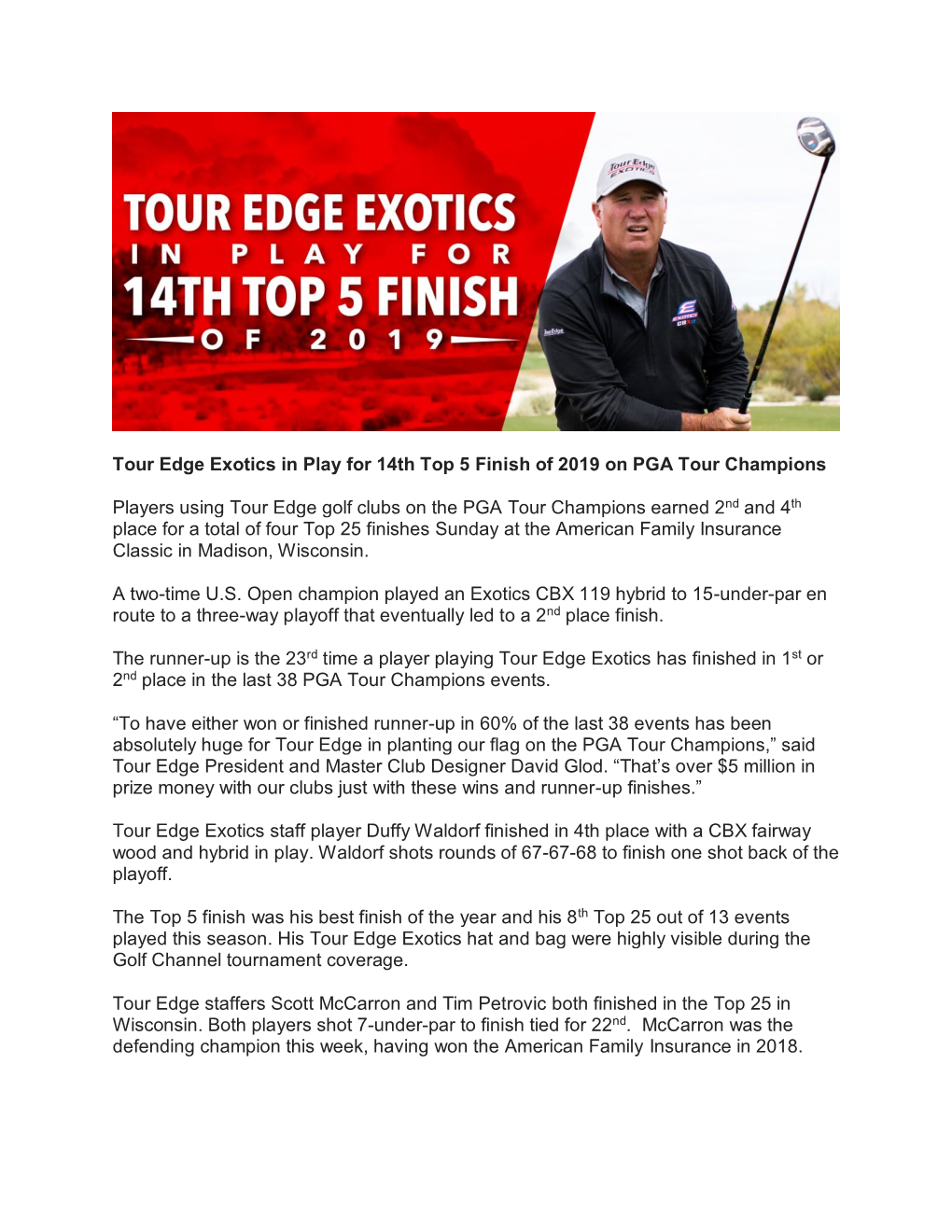 Tour Edge Exotics in Play for 14Th Top 5 Finish of 2019 on PGA Tour Champions