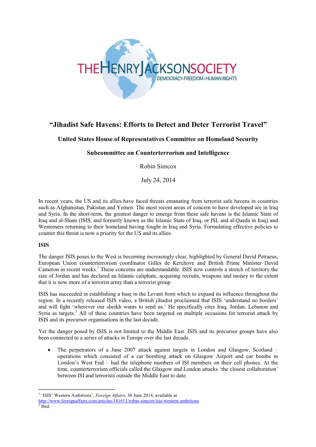 “Jihadist Safe Havens: Efforts to Detect and Deter Terrorist Travel”