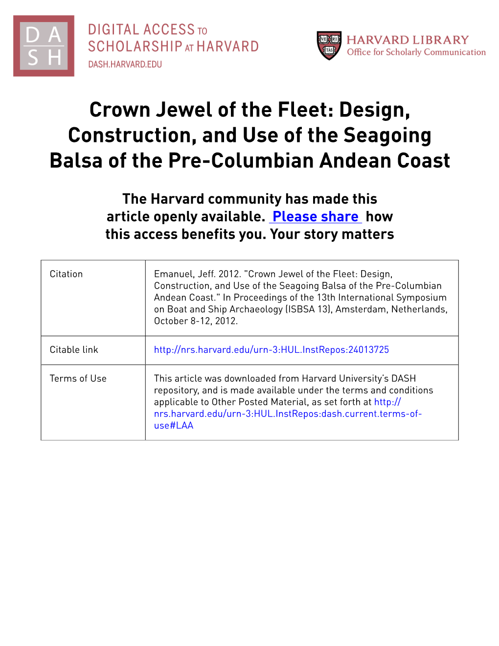 Crown Jewel of the Fleet: Design, Construction, and Use of the Seagoing Balsa of the Pre-Columbian Andean Coast