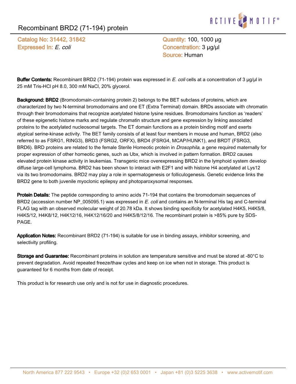 Recombinant BRD2 (71-194) Protein Catalog No: 31442, 31842 Quantity: 100, 1000 Μg Expressed In: E