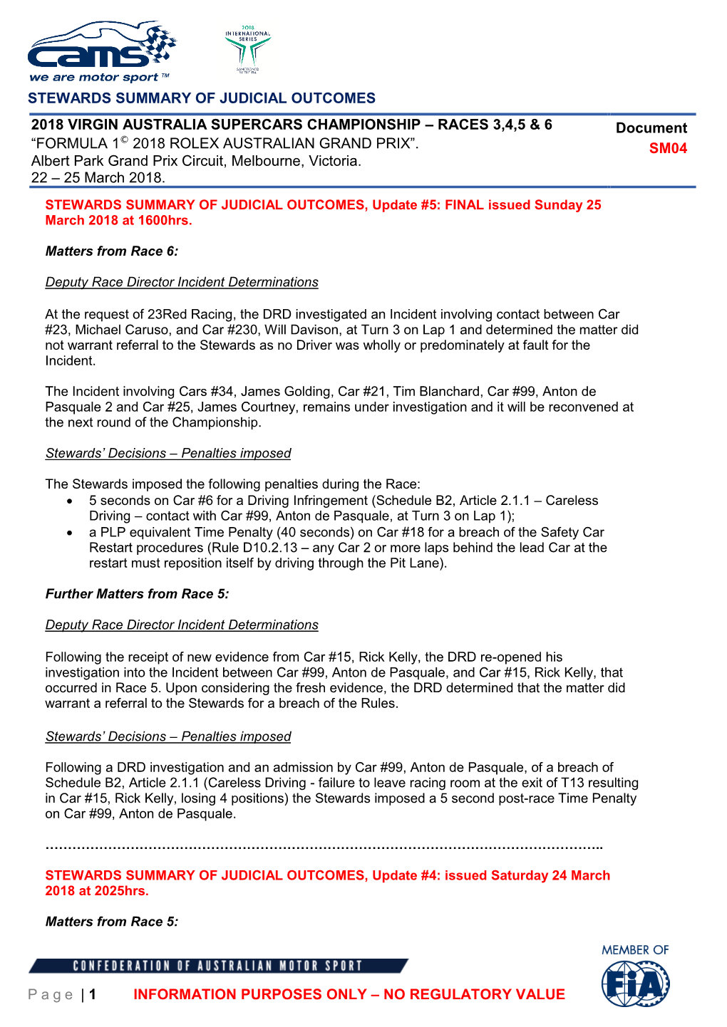 STEWARDS SUMMARY of JUDICIAL OUTCOMES Page