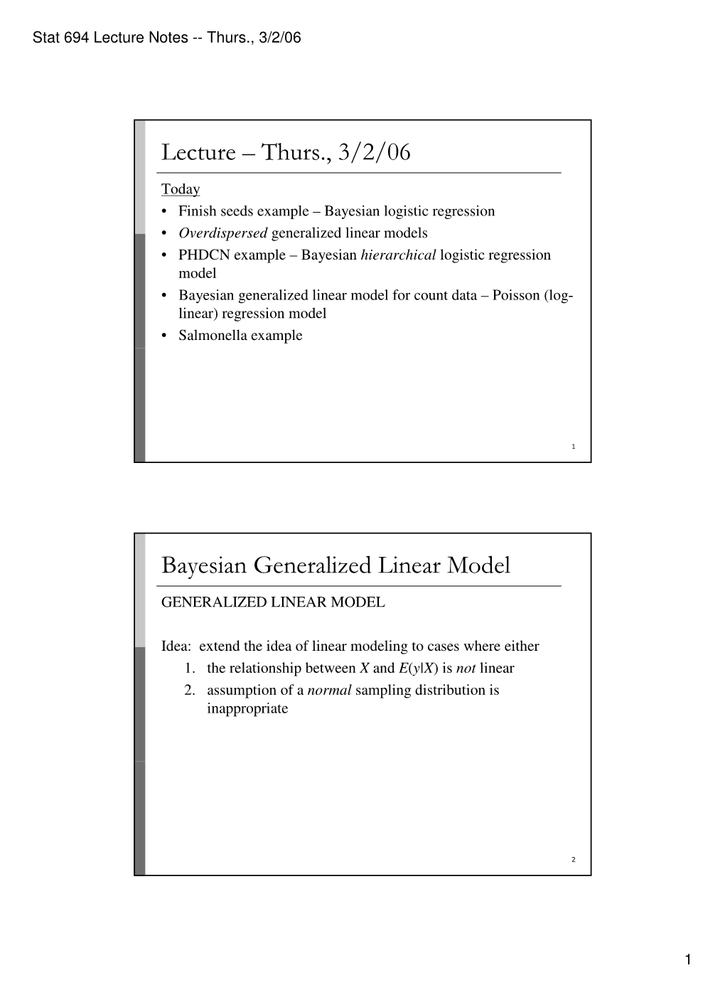 Lecture – Thurs., 3/2/06 Bayesian Generalized Linear Model