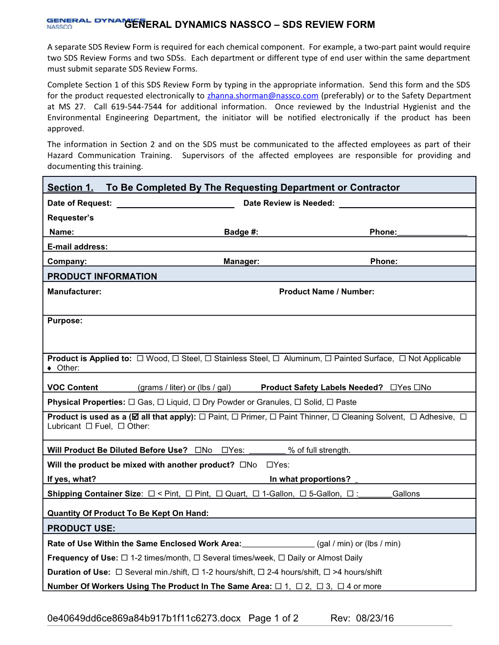 General Dynamics - Nassco Msds Review Form