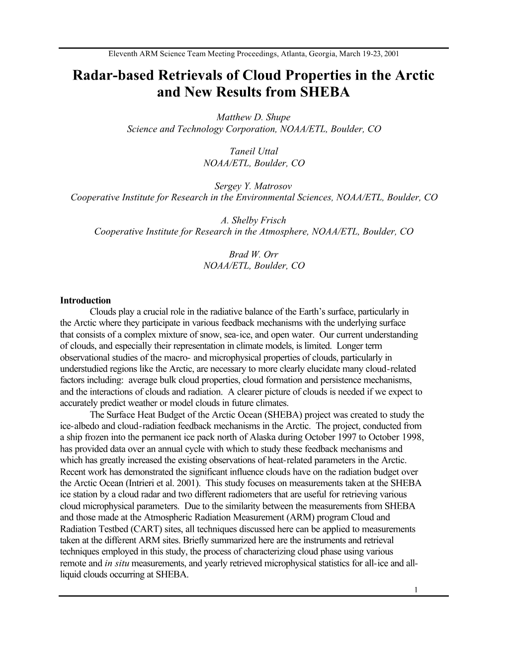 Radar-Based Retrievals of Cloud Properties in the Arctic and New Results from SHEBA