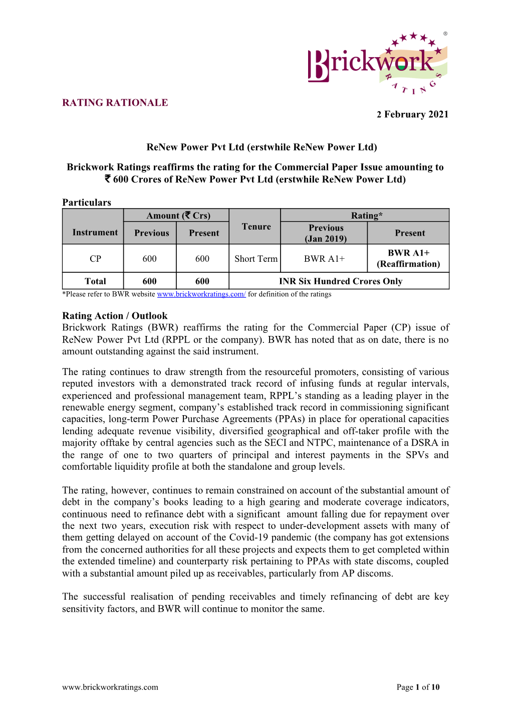 RATING RATIONALE 2​ February 2021 Renew Power Pvt Ltd (Erstwhile Renew Power Ltd) Brickwork Ratings Reaffirms the Rating for T