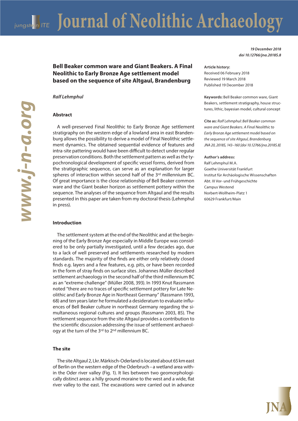 JNA 143–160 [Doi 10.12766/Jna.2018S.8] the Sequence of Site Altgaul, Brandenburg on Based Model Settlement Age Bronze Early to Neolithic Afinal Beakers