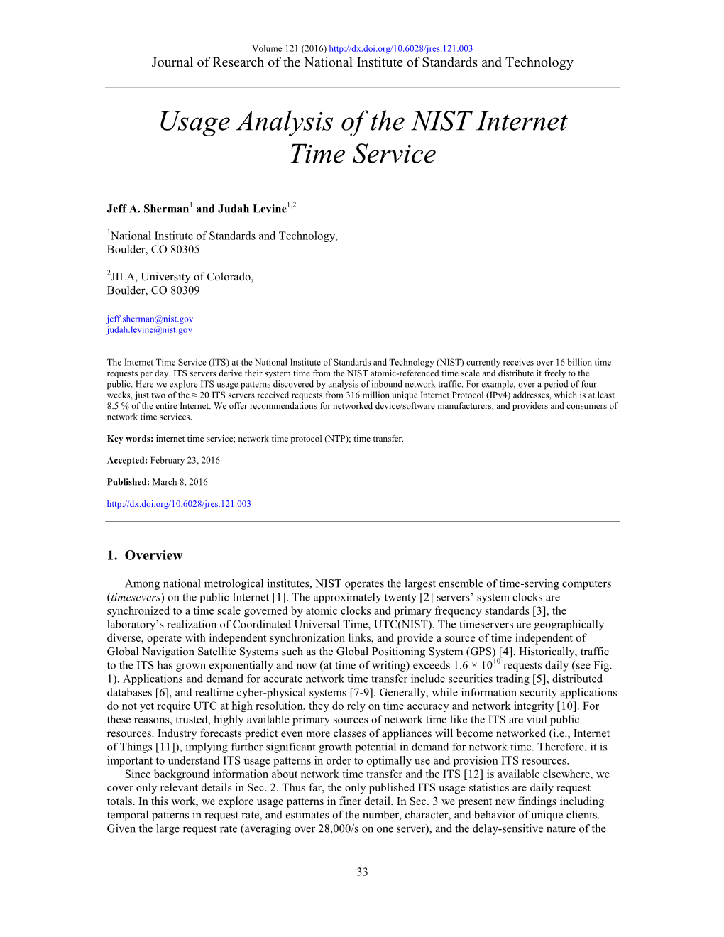 Usage Analysis of the NIST Internet Time Service