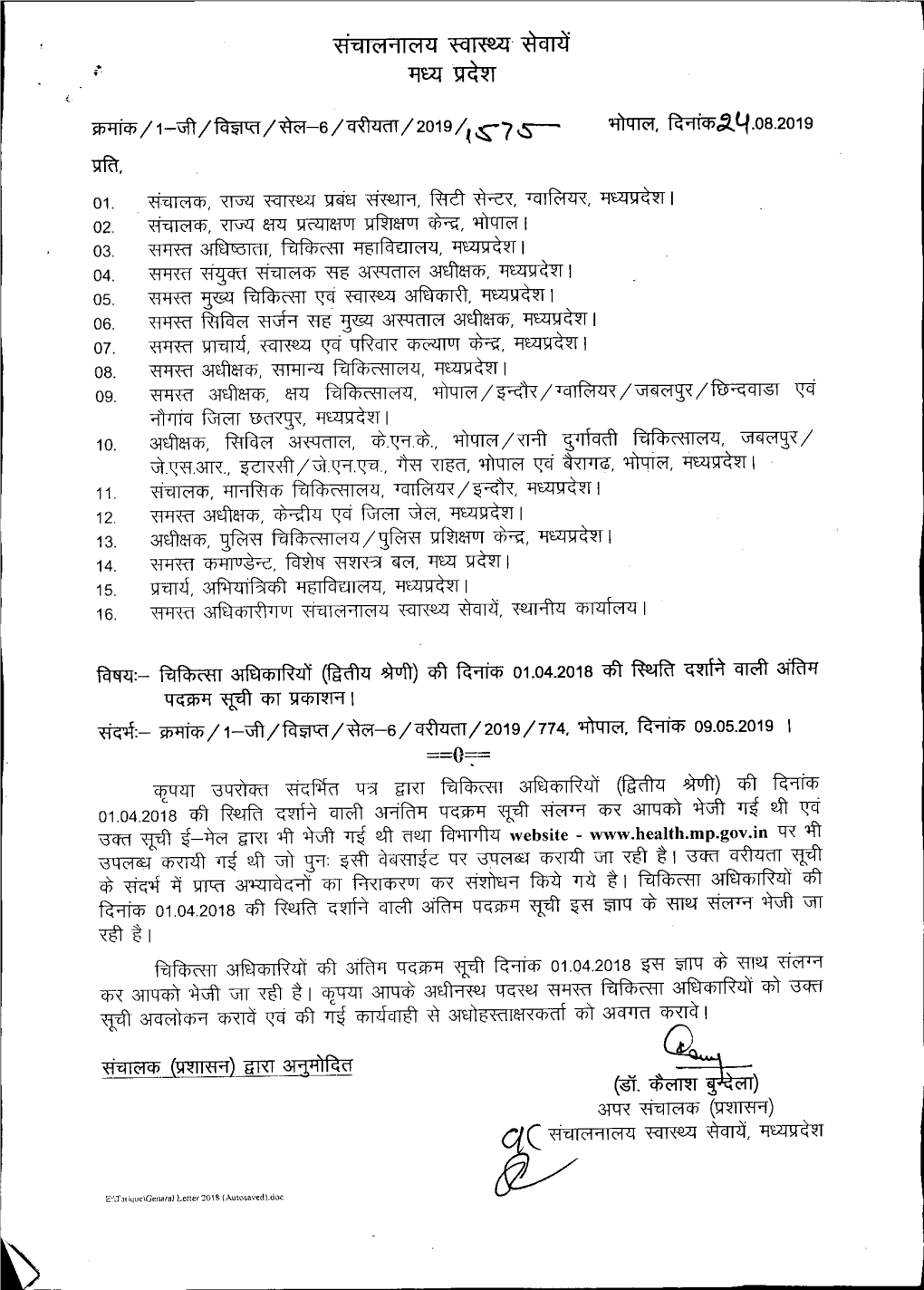 Final Gradation List of Medical Officers As on 01.04.2018