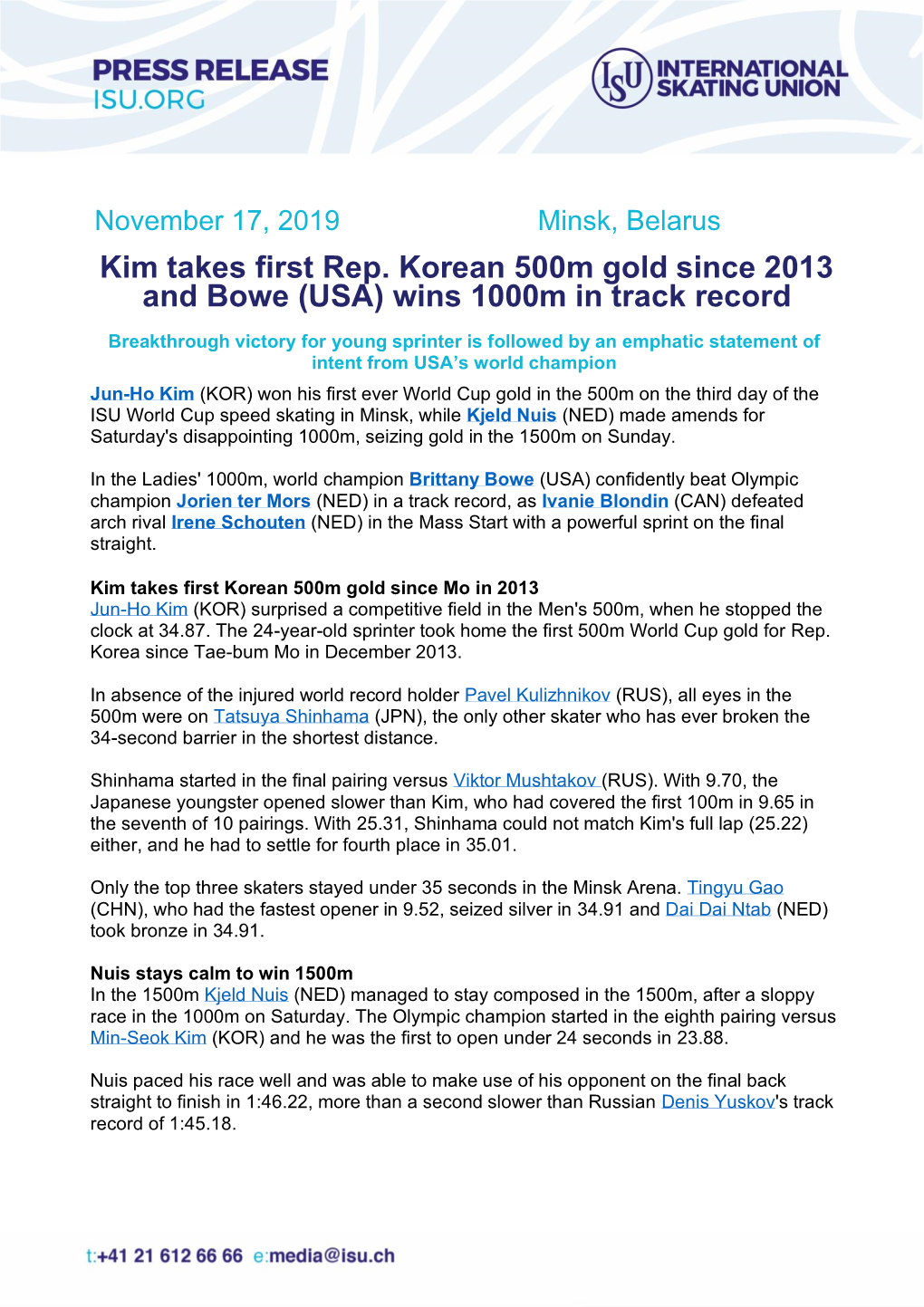 Kim Takes First Rep. Korean 500M Gold Since 2013 and Bowe (USA) Wins 1000M in Track Record