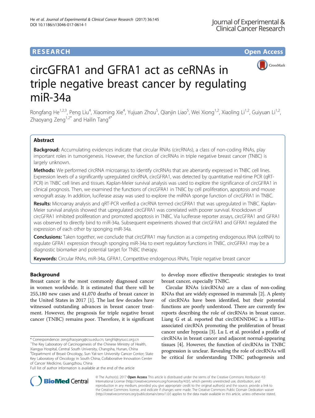 Circgfra1 and GFRA1 Act As Cernas in Triple Negative Breast Cancer By
