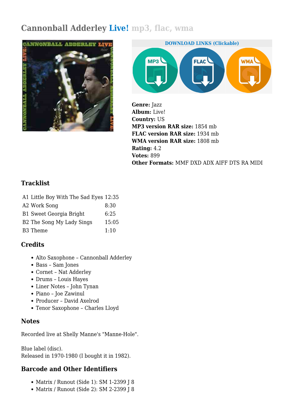 Cannonball Adderley Live! Mp3, Flac, Wma