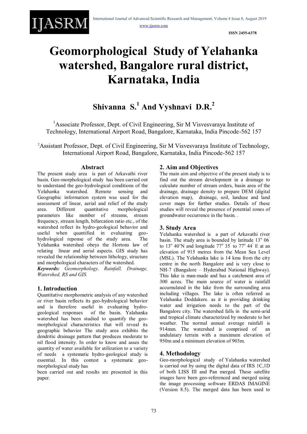 Geomorphological Study of Yelahanka Watershed, Bangalore Rural District, Karnataka, India