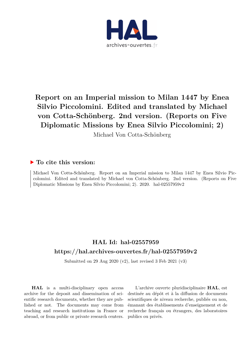 Report on an Imperial Mission to Milan 1447 by Enea Silvio Piccolomini