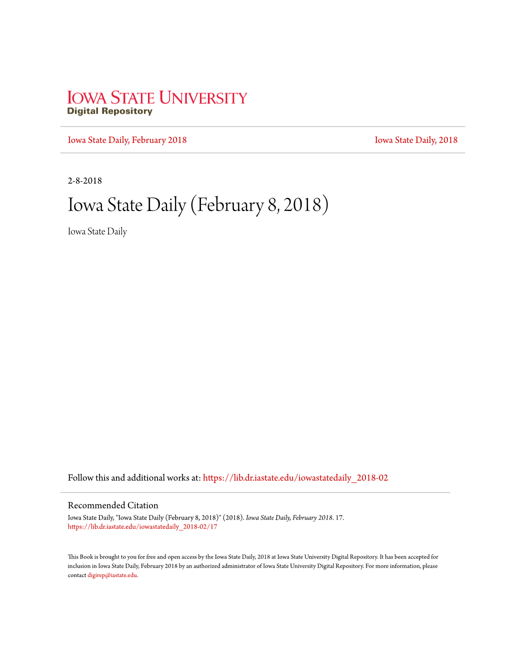 Iowa State Daily (February 8, 2018) Iowa State Daily