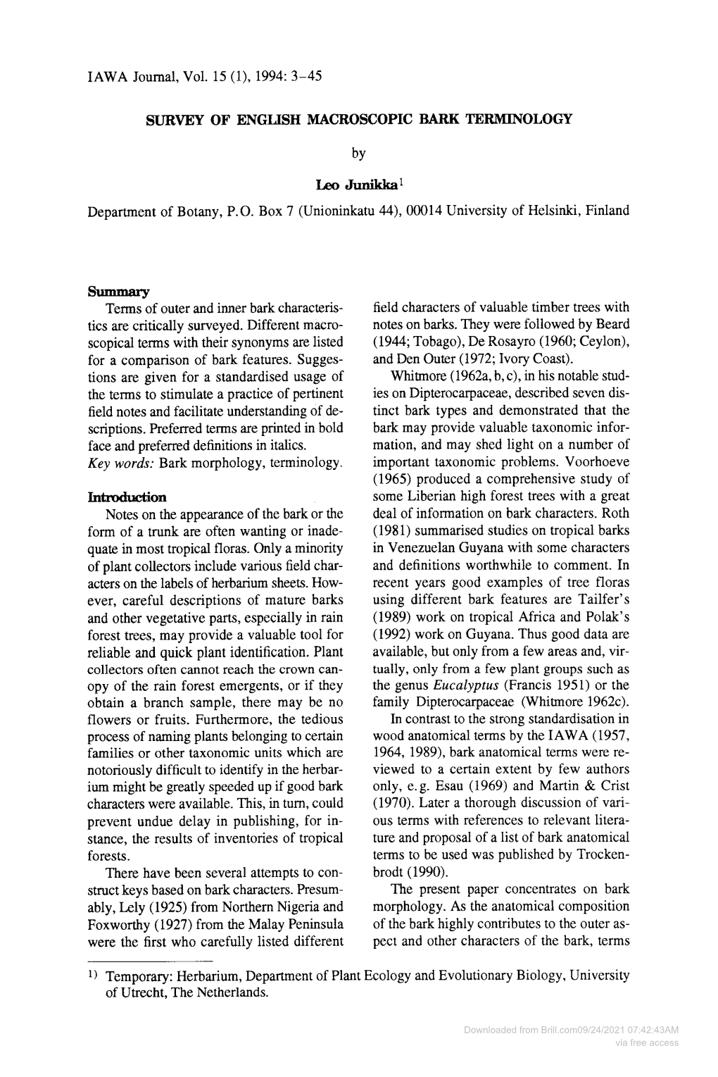 Downloaded from Brill.Com09/24/2021 07:42:43AM Via Free Access 4 IAWA Journal, Vol