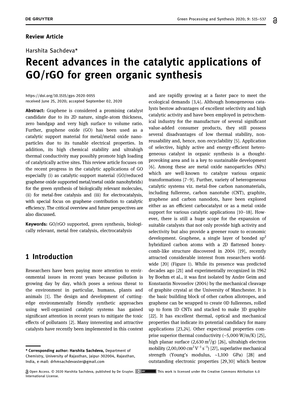 Recent Advances in the Catalytic Applications of GO/Rgo for Green Organic Synthesis