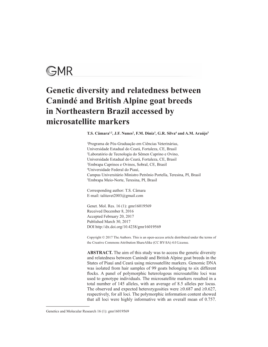 Genetic Diversity and Relatedness Between Canindé and British Alpine Goat Breeds in Northeastern Brazil Accessed by Microsatellite Markers