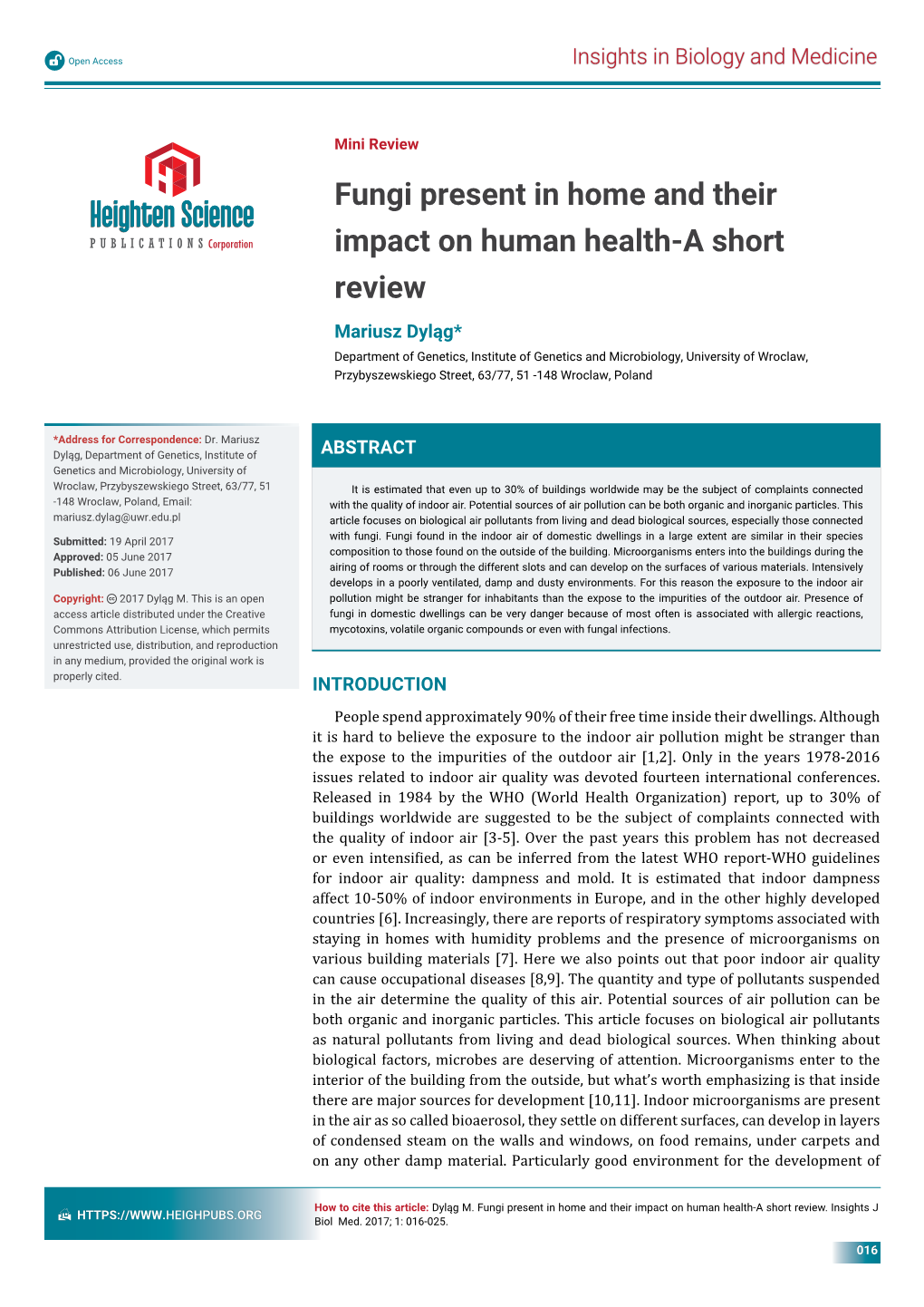 Fungi Present in Home and Their Impact on Human Health-A Short