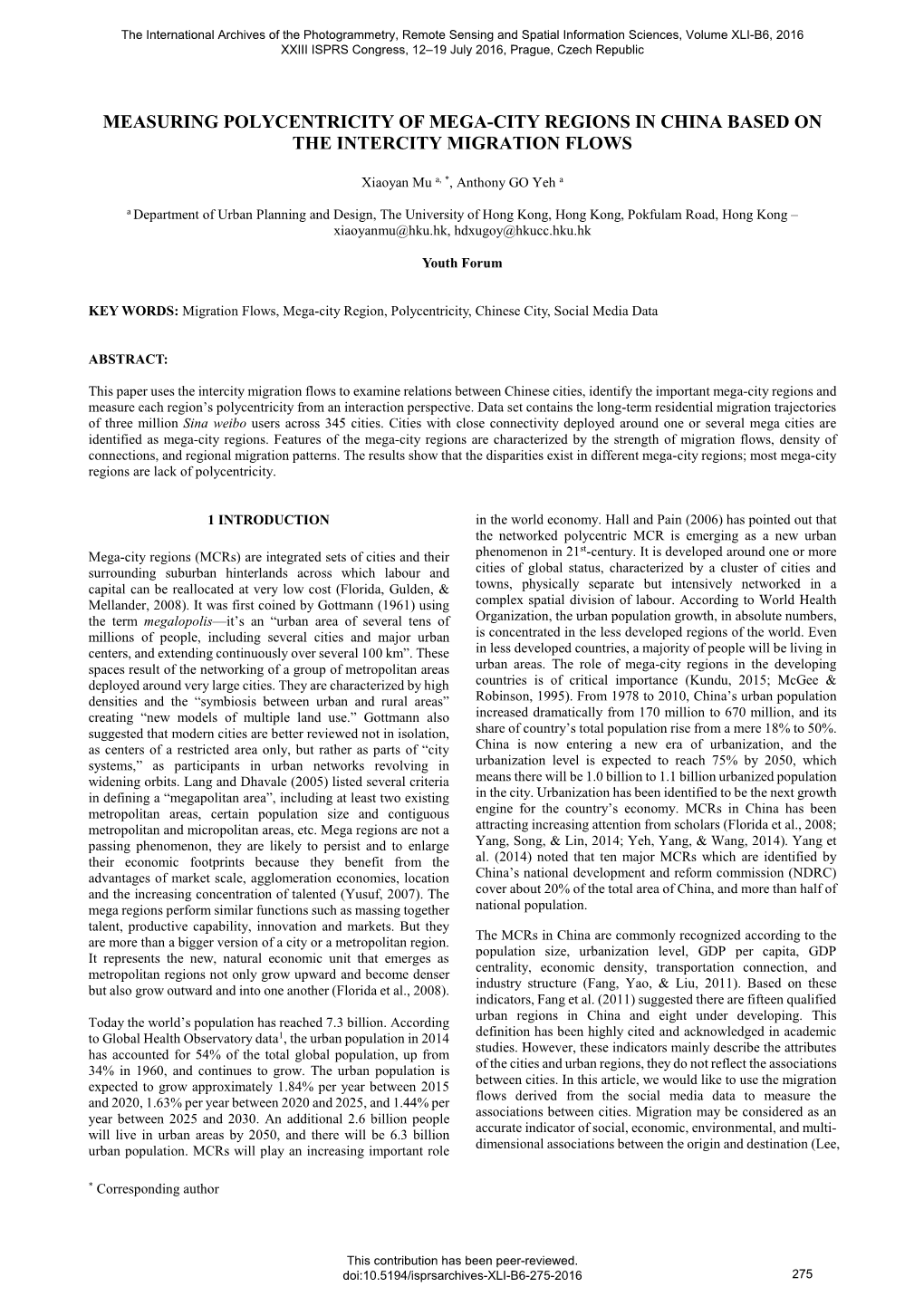 Measuring Polycentricity of Mega-City Regions in China Based on the Intercity Migration Flows